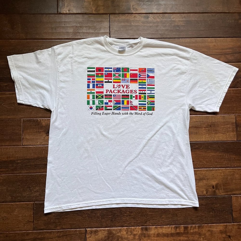 Retro Christianity Bible World Flags Love Packages White Graphic T Shirt